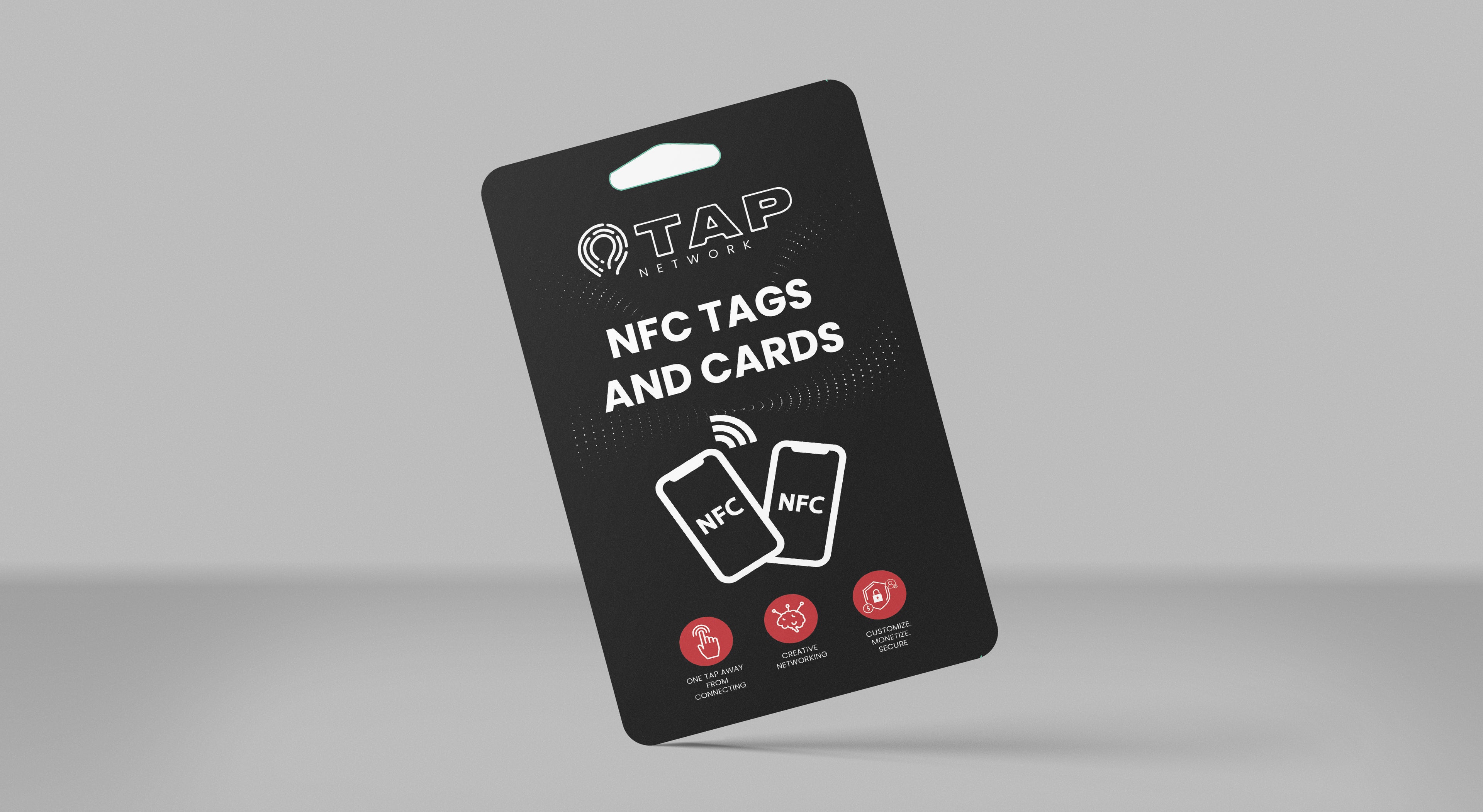 NFC tag packaging displaying three key features: 'One tap away from connecting,' 'Creative networking,' and 'Customize, monetize, secure.' Highlighting the versatile uses and benefits of the NFC technology for professional networking.