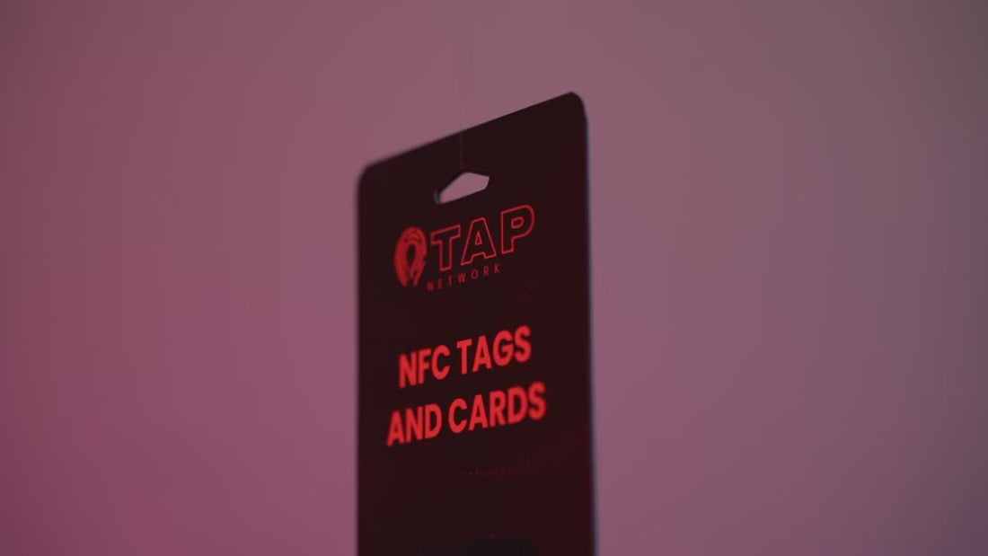 Video preview featuring a Tap Networking NFC tag fully packaged, set against a gradient purple background produced by Session Visuals.net, a video production company in Boise, Idaho.